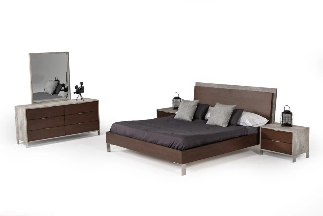 VIG Nova Domus Conner Modern Dark Walnut & Faux Concrete Bedroom Set Beds & Headboards