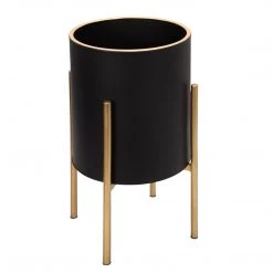 Sagebrook Home Decor S/2 Planter On Metal Stand, Black/Gld