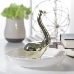 Sagebrook Home Decor Ceramic 6" Elephant Ring Holder, White/Gold