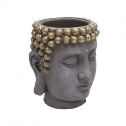 Sagebrook Home Decor Resin Buddha Head Flower Pot, Gray/Gold