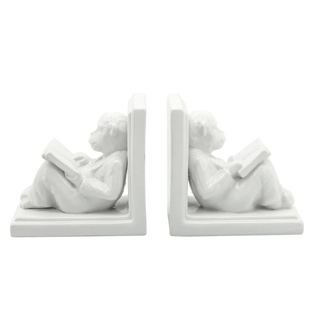 Sagebrook S/2 Ceramic 7"H Reading Monkey Bookends, White Home Decor