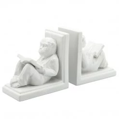 Sagebrook S/2 Ceramic 7"H Reading Monkey Bookends, White Home Decor
