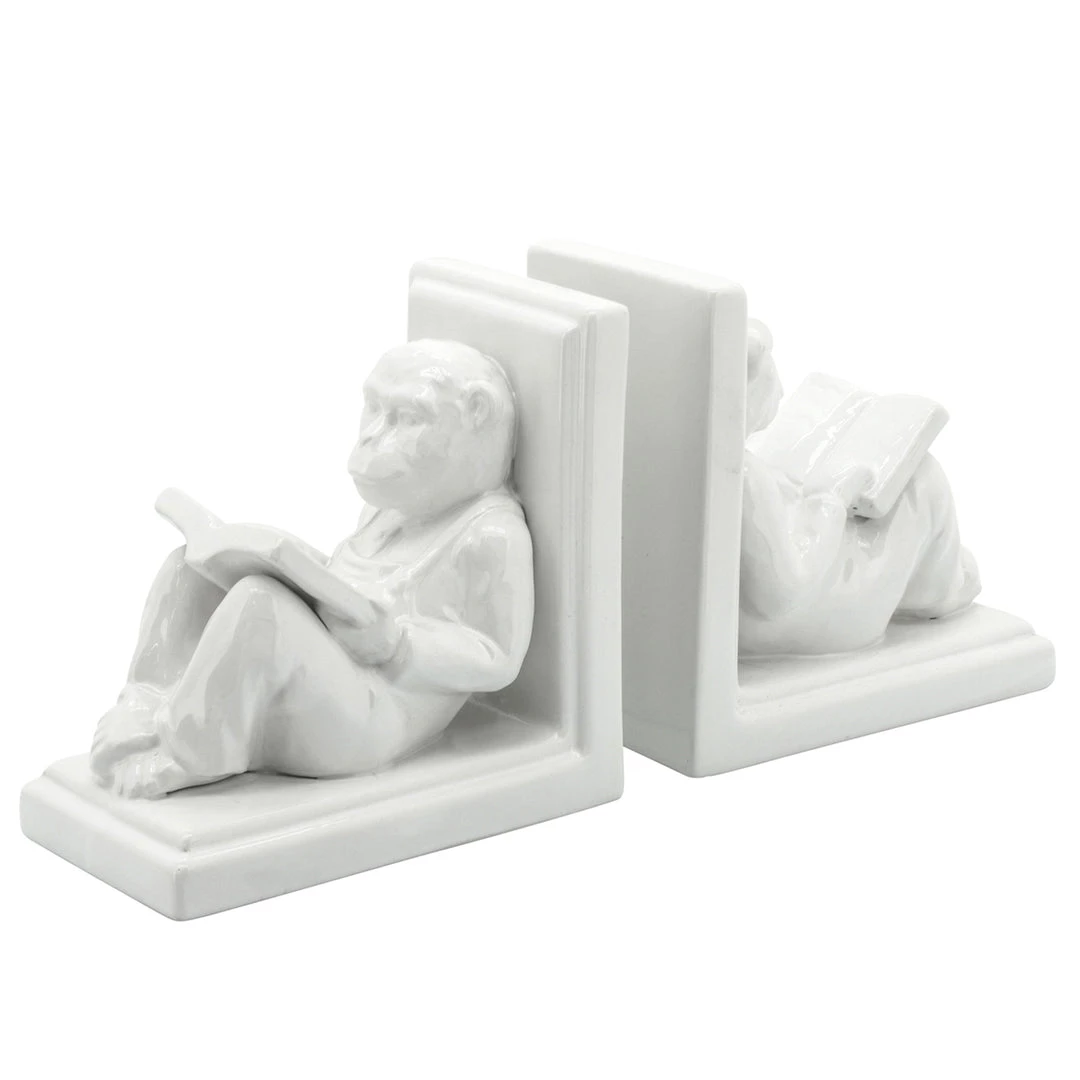 Sagebrook S/2 Ceramic 7"H Reading Monkey Bookends, White Home Decor