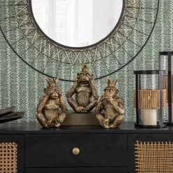 Sagebrook S/3 No Speak, Hear Or See Monkeys W/ Crown, Gold