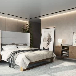 VIG Modrest Heloise - Contemporary Grey Fabric & Walnut Trim Bed