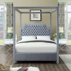 Meridian Furniture Bedroom Rowan Velvet Canopy Bed