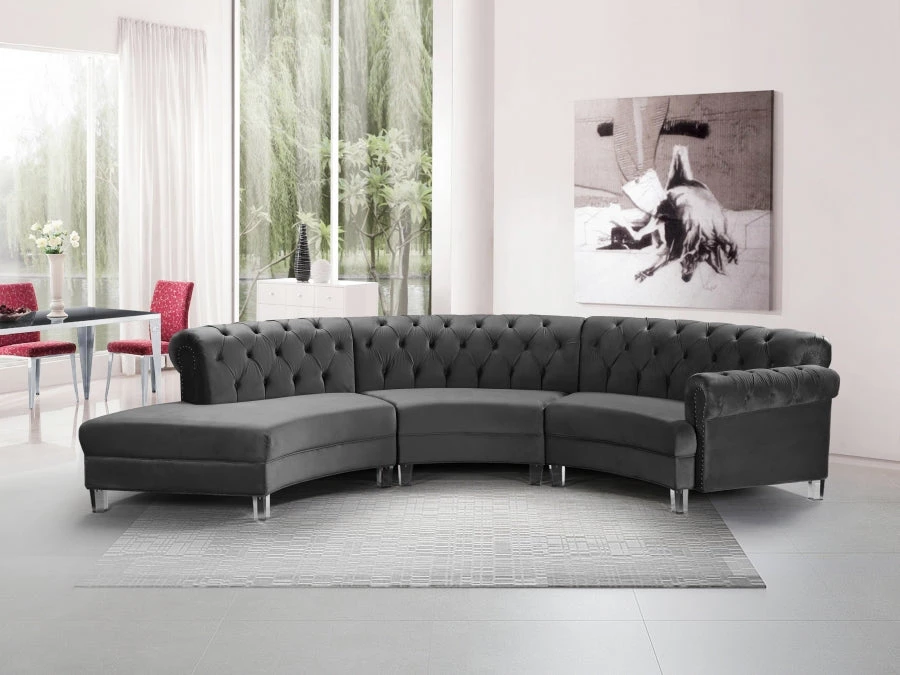 Meridian Furniture Living Room Anabella Modular 3 Piece Velvet Sectional