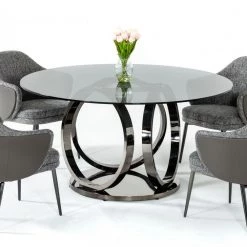 VIG Modrest Enid - Modern Smoked Glass & Black Stainless Steel Round Dining Table Dining Room