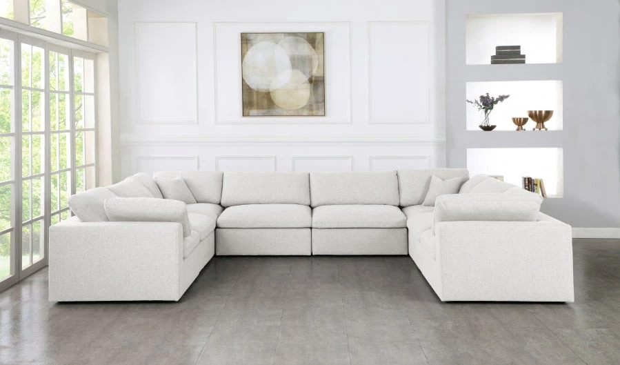 Meridian Furniture Serene 8 Piece Linen Deluxe Modular Overstuffed Sectional Living Room