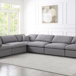 Meridian Furniture Serene 6 Piece Linen Deluxe Modular Overstuffed Reversible Sectional Living Room