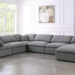Meridian Furniture Living Room Serene 7 Piece Linen Deluxe Modular Overstuffed Reversible Sectional