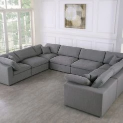 Meridian Furniture Serene 8 Piece Linen Deluxe Modular Overstuffed Sectional Living Room
