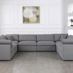 Meridian Furniture Serene 8 Piece Linen Deluxe Modular Overstuffed Sectional Living Room