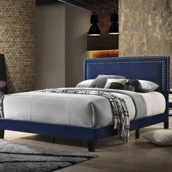 Best Quality Lily Velvet Panel Bed, Navy Blue Bedroom