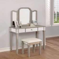 Coaster Bedroom Margaret 2 Piece Mirrored Vanity Set With Stool