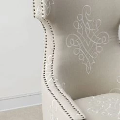TOV Living Room Gramercy Embroidered Linen Wing Chair