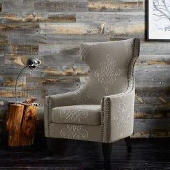 TOV Living Room Gramercy Embroidered Linen Wing Chair
