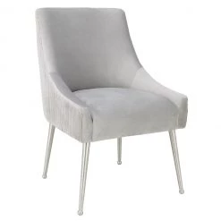 TOV Dining Room Beatrix Pleated Light Grey Velvet Side Chair - Silver Legs
