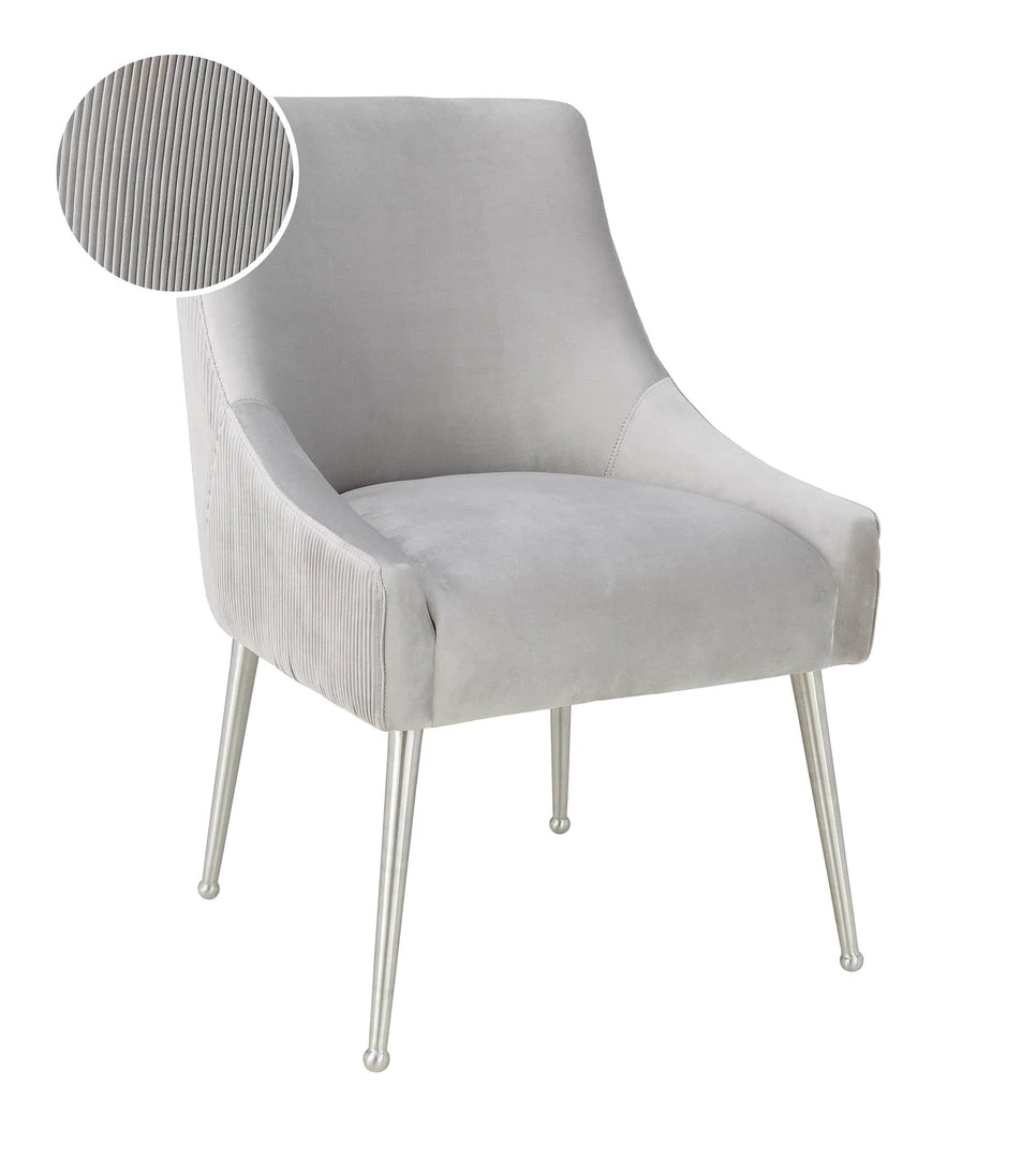 TOV Dining Room Beatrix Pleated Light Grey Velvet Side Chair - Silver Legs