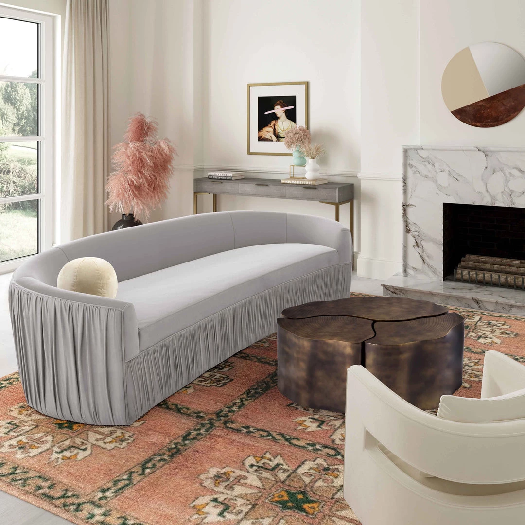 TOV Valerie Pleated Light Grey Velvet Sofa Living Room