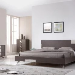 VIG Modrest Nicola Modern Grey Oak & Stainless Steel Bed Beds & Headboards