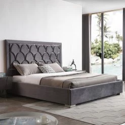 VIG Beds & Headboards Modrest Audrey Modern Grey Velvet & Stainless Steel Bed