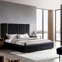 VIG Beds & Headboards Modrest Evonda Modern Black Velvet & Brass Bed