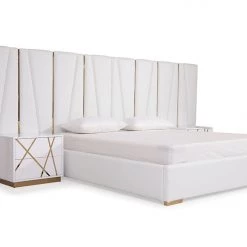 VIG Modrest Nixa Modern White Bonded Leather & Gold Bed Beds & Headboards