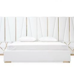 VIG Modrest Nixa Modern White Bonded Leather & Gold Bed Beds & Headboards