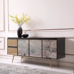 VIG Modrest Phelan - Modern Smoked Ash & Brass Buffet Living Room