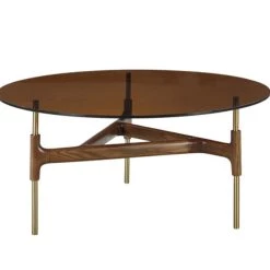 VIG Modrest Lawson Modern Round Walnut & Glass Coffee Table Living Room