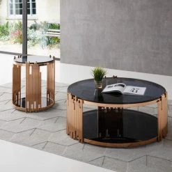 VIG Modrest Bryce Modern Smoked Glass & Rosegold Round Coffee Table