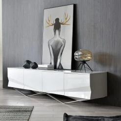 VIG Side & Console Table Modrest Duke - Modern White & Stainless Steel TV Stand