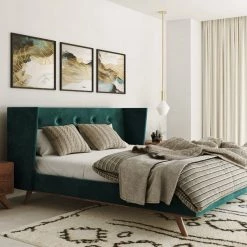 VIG Beds & Headboards Nova Domus Durango Modern Green Fabric & Walnut Bed