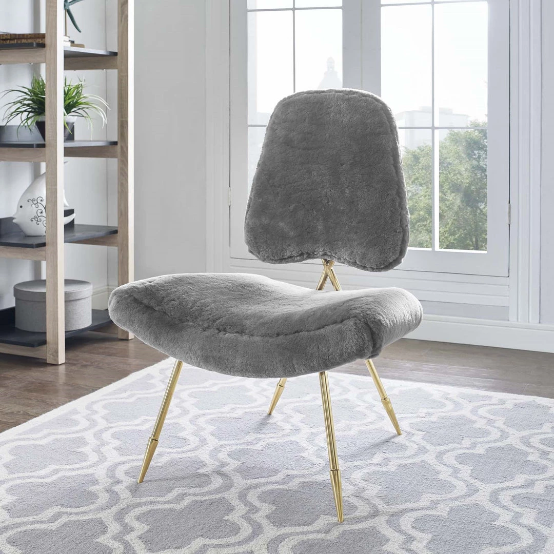 Modway Living Room Ponder Upholstered Sheepskin Fur Lounge Chair