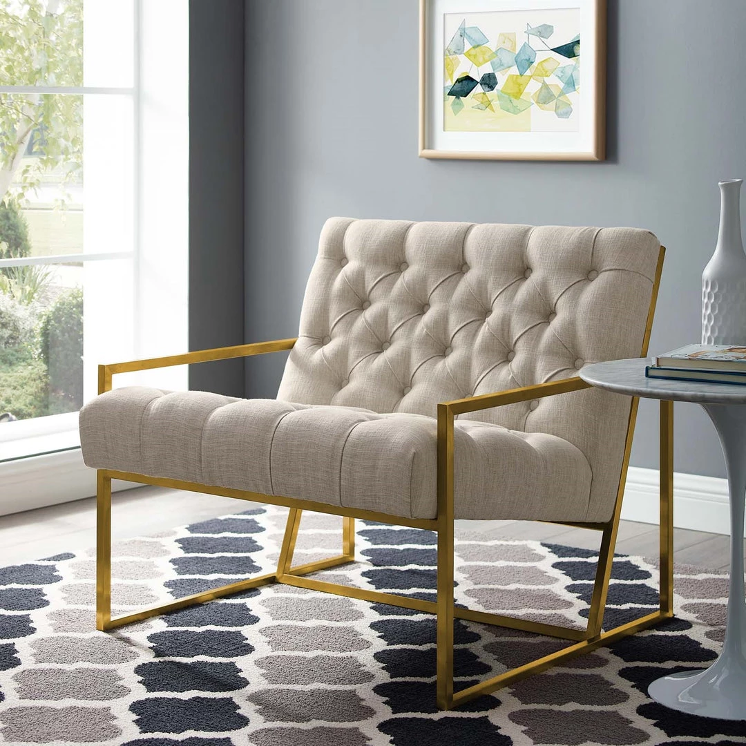Modway Living Room Bequest Gold Stainless Steel Upholstered Fabric Accent Chair