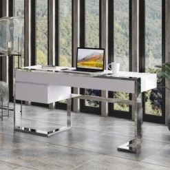 VIG Modrest Fauna - Modern White High Gloss & Stainless Steel Desk