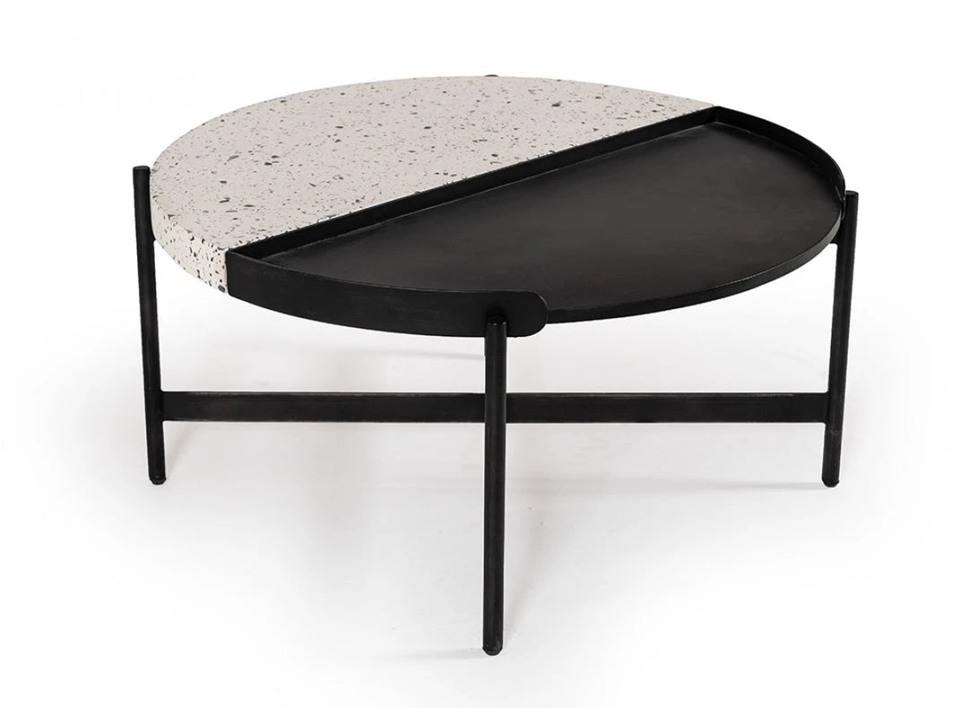 VIG Living Room Modrest Gemini Modern White Terrazzo Concrete & Black Metal Coffee Table