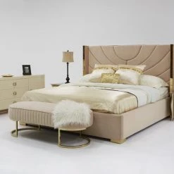 VIG Divani Casa Visalia Modern Beige Velvet & Gold Eastern King Bed