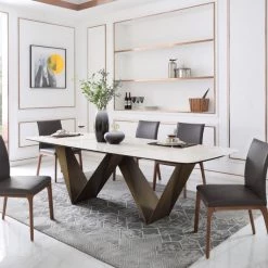 VIG Dining Room Modrest Melanie - Modern White Ceramic & Brushed Brown Dining Table