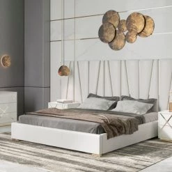 VIG Modrest Nixa Modern White Bonded Leather & Gold Bed Beds & Headboards