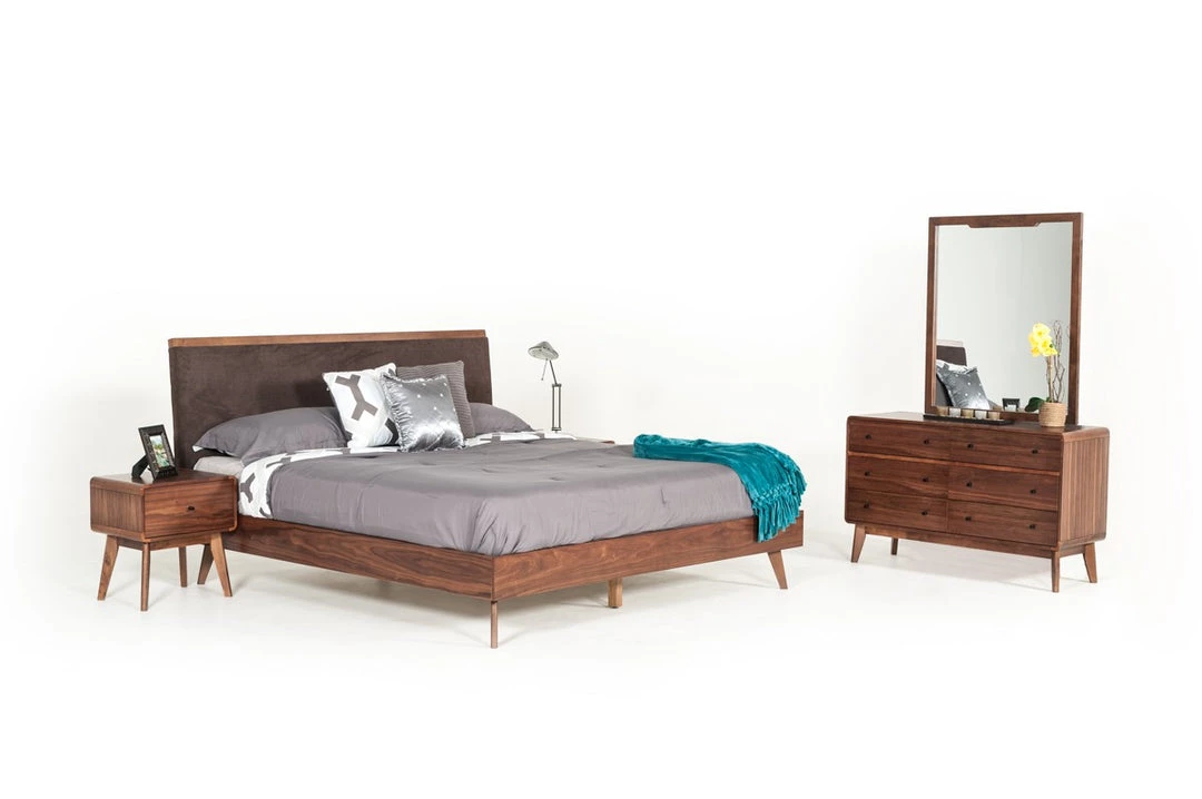 VIG Beds & Headboards Modrest Marshall Mid-Century Modern Brown Fabric & Walnut Bedroom Set