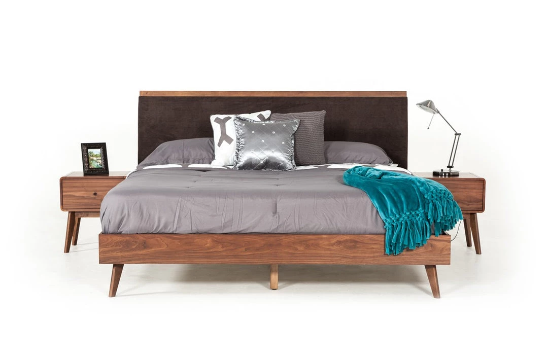 VIG Beds & Headboards Modrest Marshall Mid-Century Modern Brown Fabric & Walnut Bedroom Set