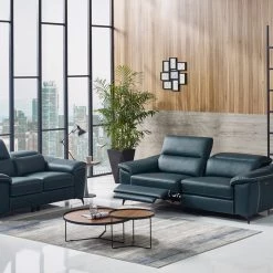 VIG Divani Casa Melstone Modern Blue Leatherette Sofa Set W/ Electric Recliners Living Room