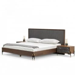 VIG Nova Domus Metcalf - Mid-Century Walnut & Grey Bed W/ Two Nightstands Bedroom