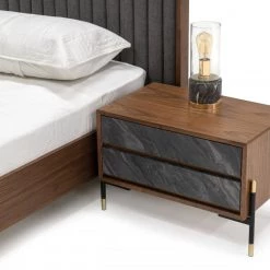 VIG Nova Domus Metcalf - Mid-Century Walnut & Grey Bed W/ Two Nightstands Bedroom