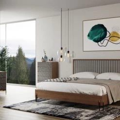 VIG Nova Domus Metcalf - Mid-Century Walnut & Grey Bed W/ Two Nightstands Bedroom