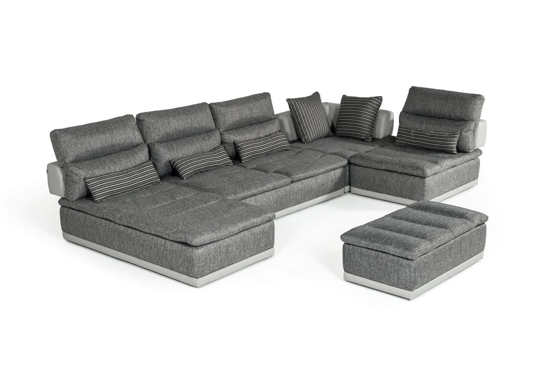 VIG Living Room David Ferrari Panorama - Italian Modern Grey Fabric + Grey Leather Modular Sectional Sofa