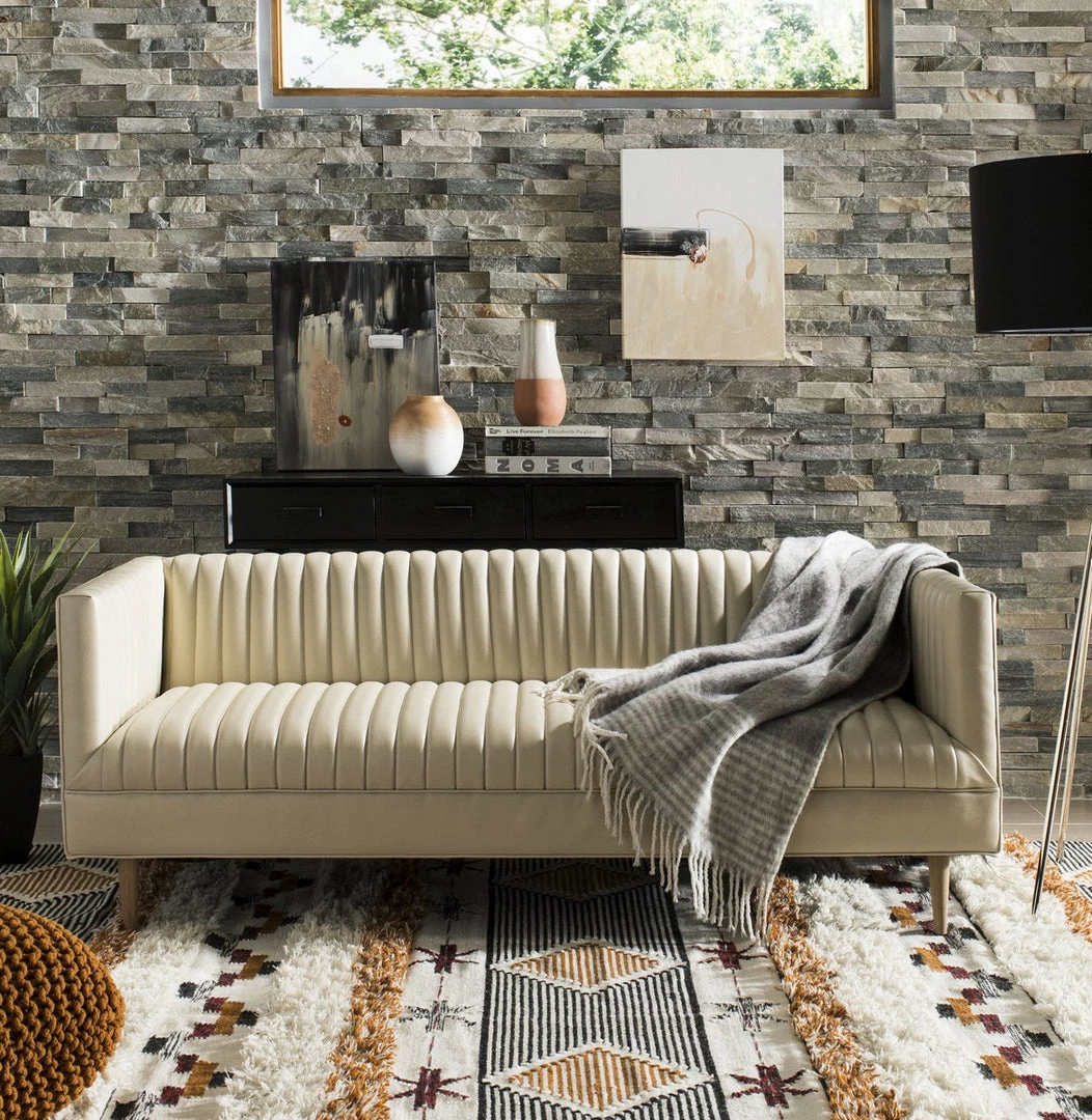 Safavieh Carmina Channeled Leather Sofa Living Room