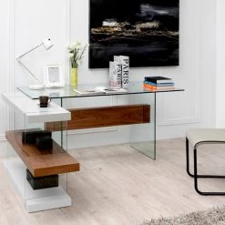 VIG Office Modrest Sven Contemporary White & Walnut Desk & Shelves